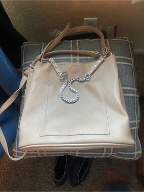 Madison West Light taupe/cream Shoulder Tote with Silver Chain Accent